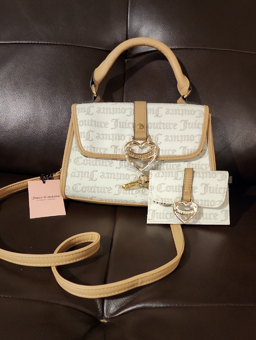 Juicy Couture Cream Logo Satchel with Tan Trim and Heart Lock